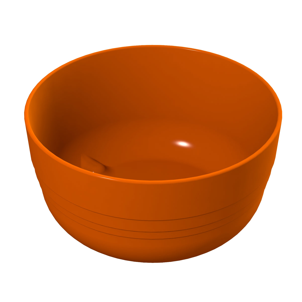 A plain, round, orange plastic fruit bowl is shown against a white background. The bowl has smooth sides with subtle horizontal lines near the bottom. The interior is glossy and reflective, and it is dishwasher safe for easy cleaning.