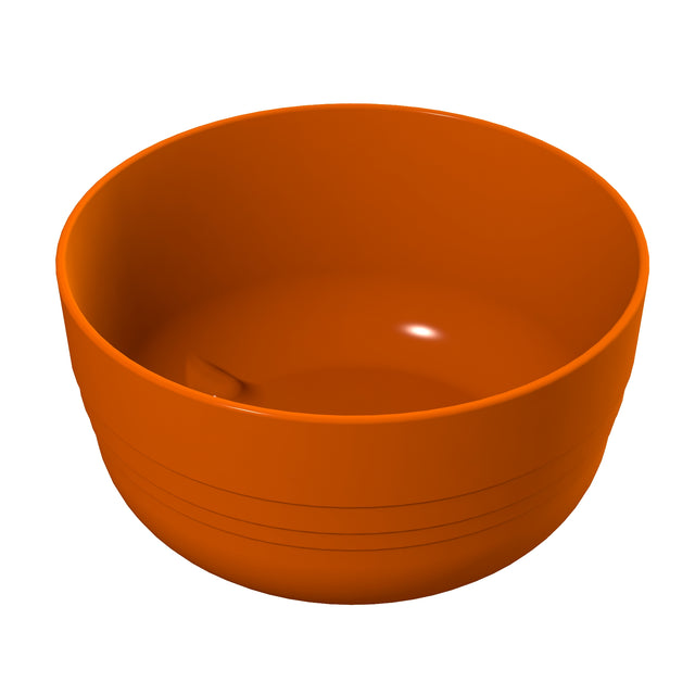A plain, round, orange plastic fruit bowl is shown against a white background. The bowl has smooth sides with subtle horizontal lines near the bottom. The interior is glossy and reflective, and it is dishwasher safe for easy cleaning.