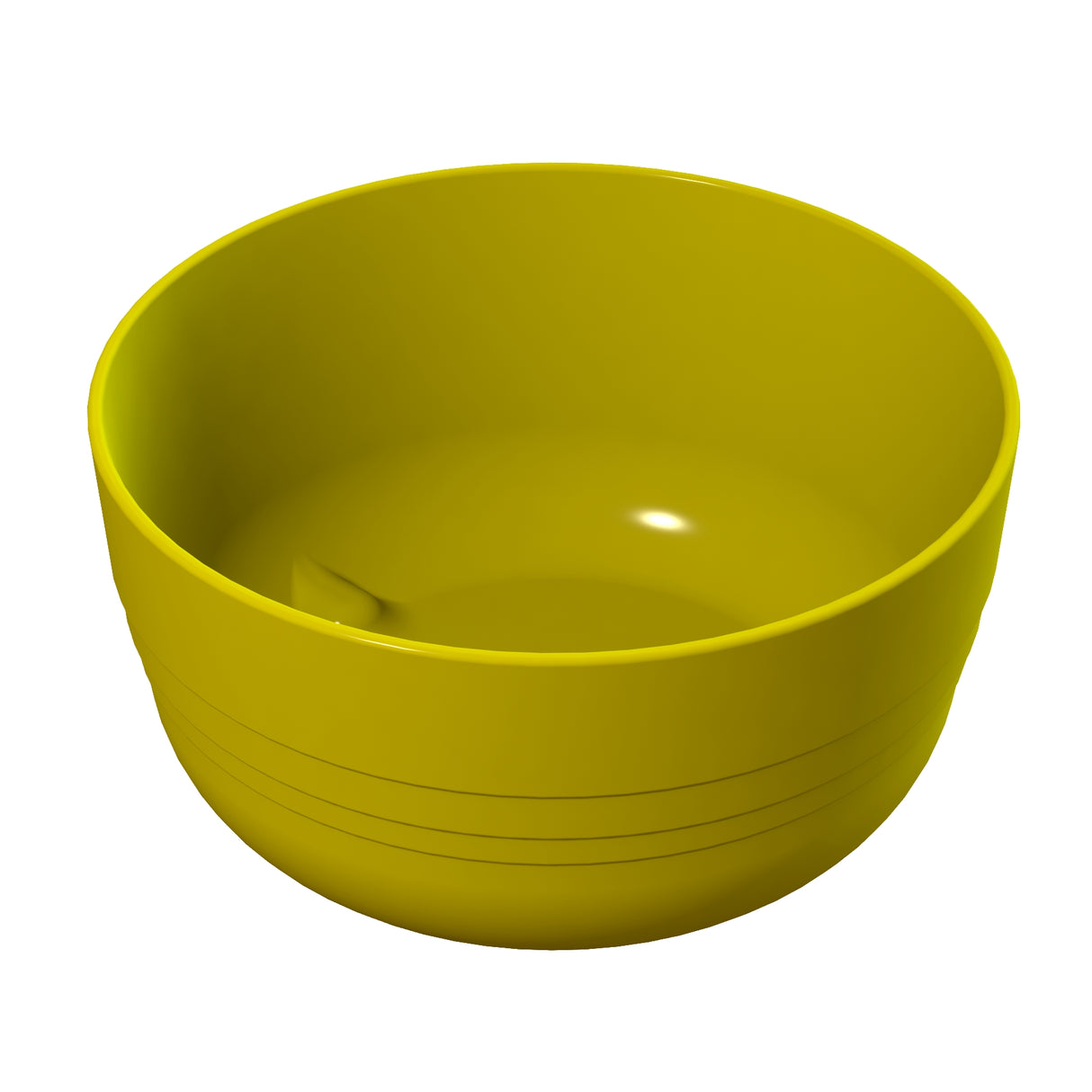 A plain, round, yellow fruit bowl with smooth sides and a glossy finish sits on a white background. The bowl has a simple design with subtle horizontal grooves near the bottom, is dishwasher safe, and features no visible patterns or decorations.