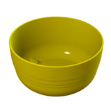 A plain, round, yellow fruit bowl with smooth sides and a glossy finish sits on a white background. The bowl has a simple design with subtle horizontal grooves near the bottom, is dishwasher safe, and features no visible patterns or decorations.