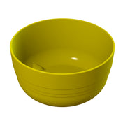 A plain, round, yellow fruit bowl with smooth sides and a glossy finish sits on a white background. The bowl has a simple design with subtle horizontal grooves near the bottom, is dishwasher safe, and features no visible patterns or decorations.