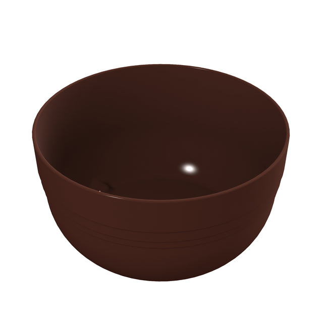 A simple, round, dark brown fruit bowl with a smooth surface and a slightly glossy finish, shown empty against a plain white background.