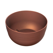 A plain, round, brown ceramic fruit bowl with a smooth, matte finish. Subtle horizontal lines circle the top edge. The empty bowl is shown from a top-down perspective against a white background.