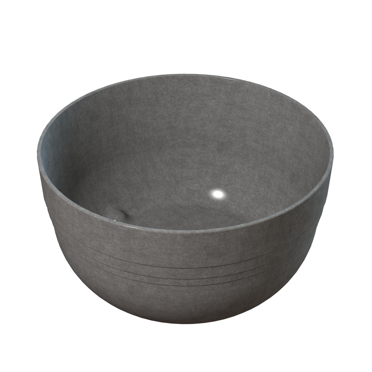 A grey cast aluminum bowl with a light reflecting off of it, ideal for use as a stylish fruit bowl or for cold holding foods.