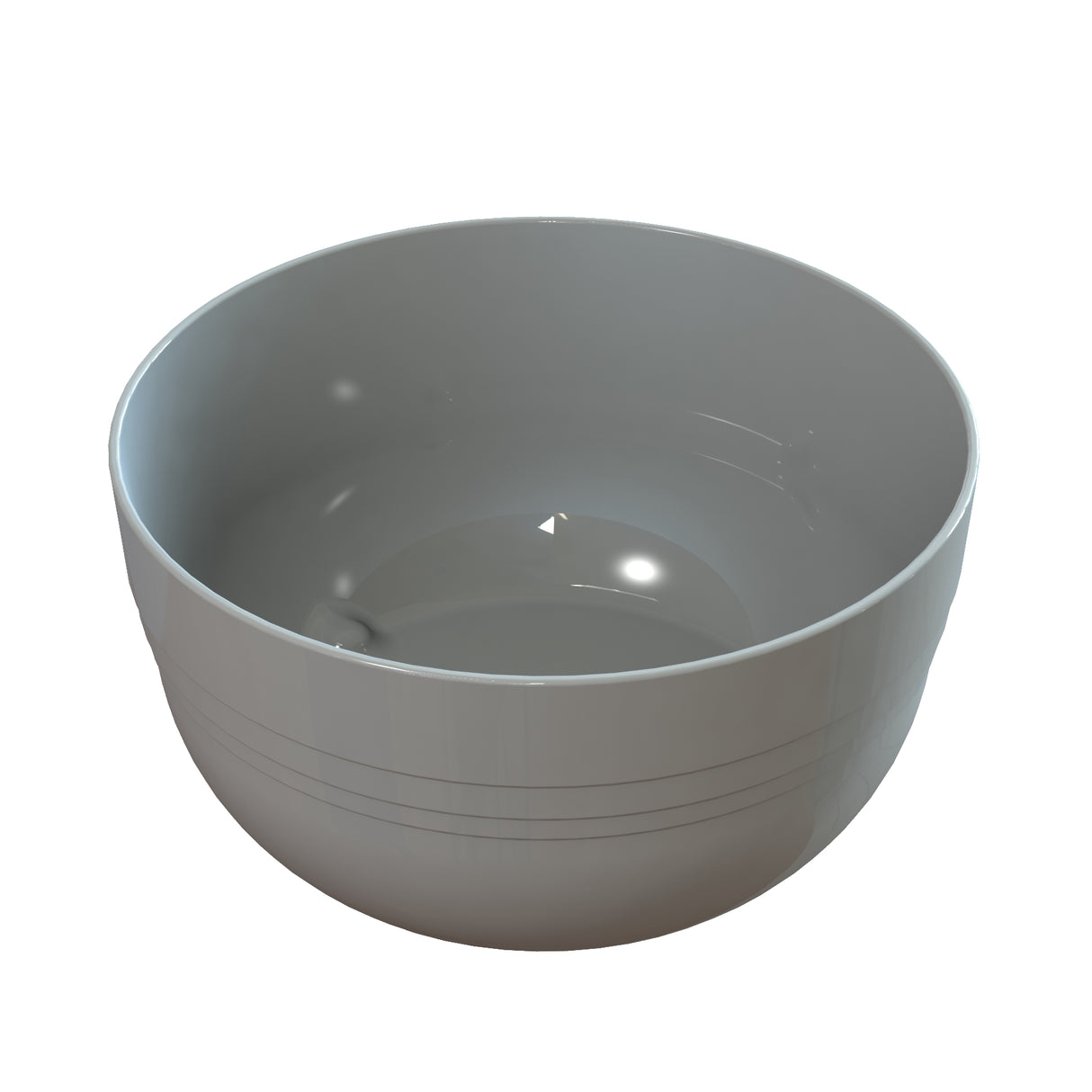 A shiny, empty, light gray ceramic fruit bowl with a smooth surface and subtle horizontal lines on the outside, photographed against a white background. The bowl has gently curved sides and reflective highlights inside and out.