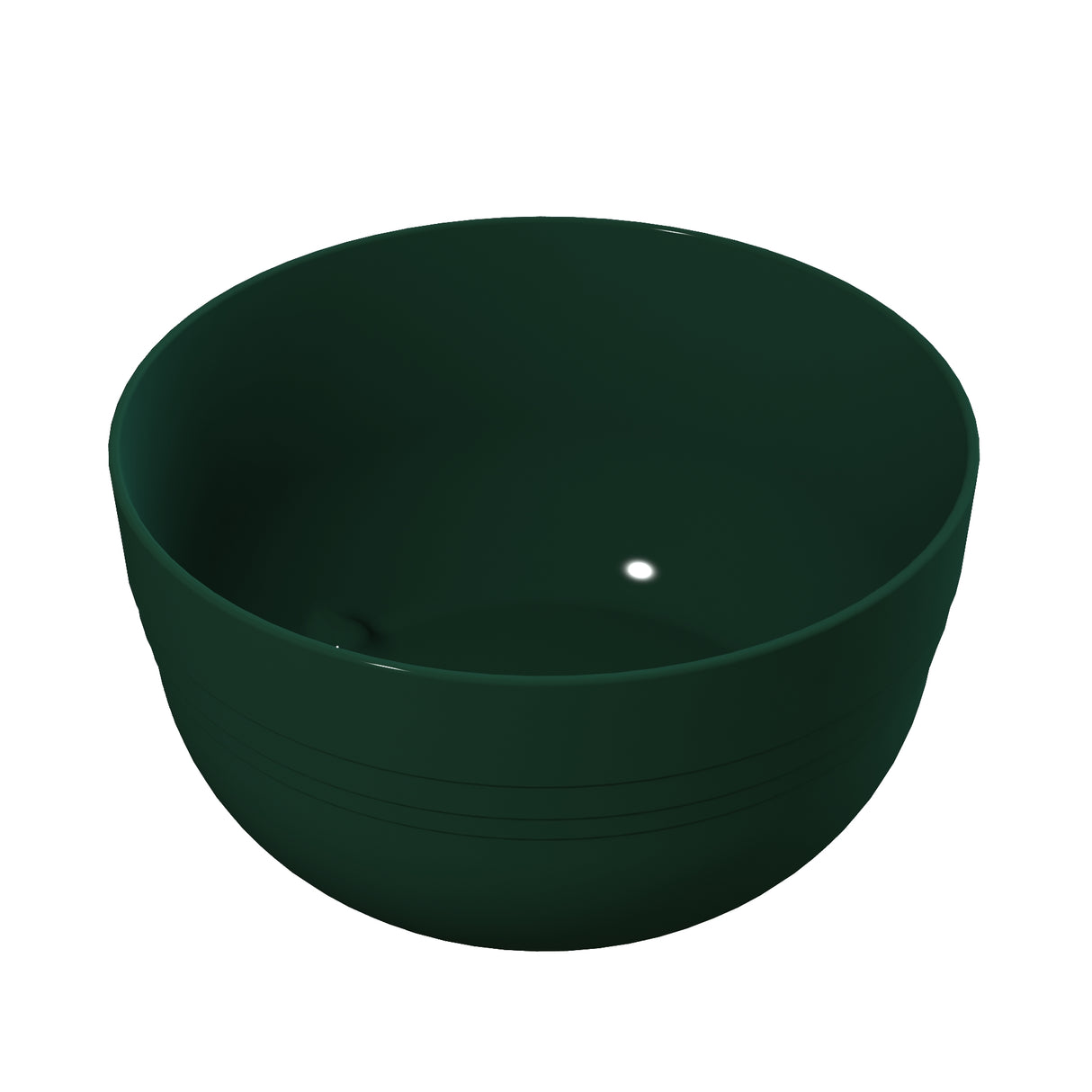 A dark green, round, empty cast aluminum bowl with a smooth, shiny surface sits on a plain white background. The bowl, ideal as a fruit bowl or for cold holding, features subtle horizontal lines near the base and a small white highlight inside.