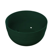 A dark green, round, empty cast aluminum bowl with a smooth, shiny surface sits on a plain white background. The bowl, ideal as a fruit bowl or for cold holding, features subtle horizontal lines near the base and a small white highlight inside.