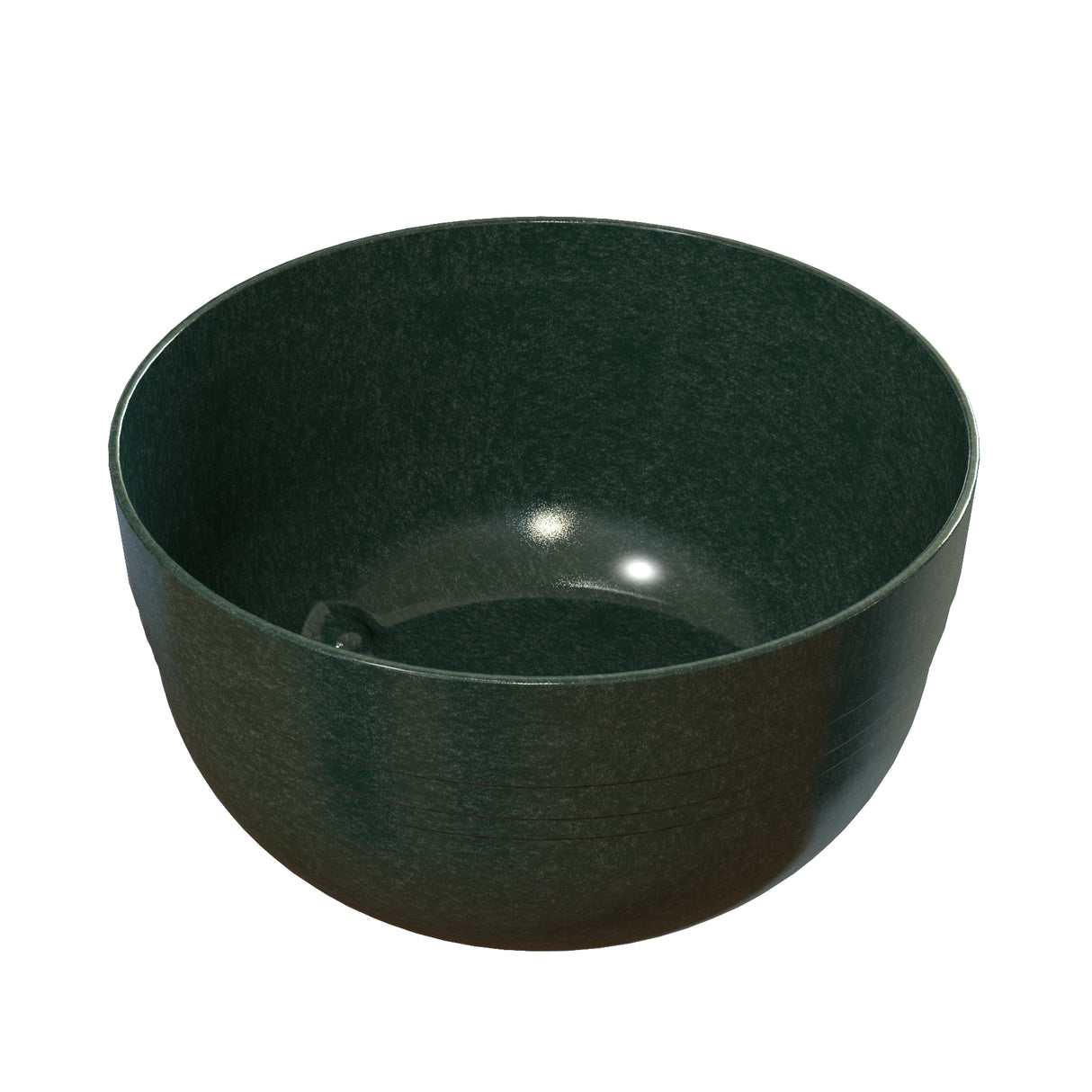 A dark green, round Duracoat coated cast aluminum bowl with a smooth, slightly glossy finish. Positioned at an angle to reveal its depth, this Fruit Bowl reflects light off its interior against a plain white background.