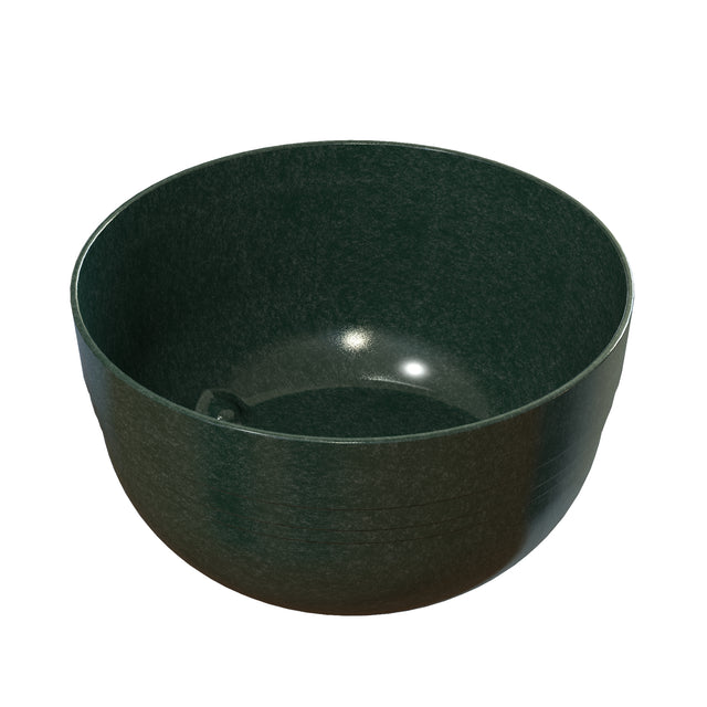 A dark green, round Duracoat coated cast aluminum bowl with a smooth, slightly glossy finish. Positioned at an angle to reveal its depth, this Fruit Bowl reflects light off its interior against a plain white background.