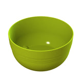 A bright green, empty plastic fruit bowl with a smooth surface and subtle horizontal lines near the base, shown against a plain white background. The round bowl has a slightly glossy finish with a small reflection of light on its inner side.