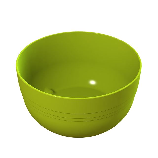 A bright green, empty plastic fruit bowl with a smooth surface and subtle horizontal lines near the base, shown against a plain white background. The round bowl has a slightly glossy finish with a small reflection of light on its inner side.