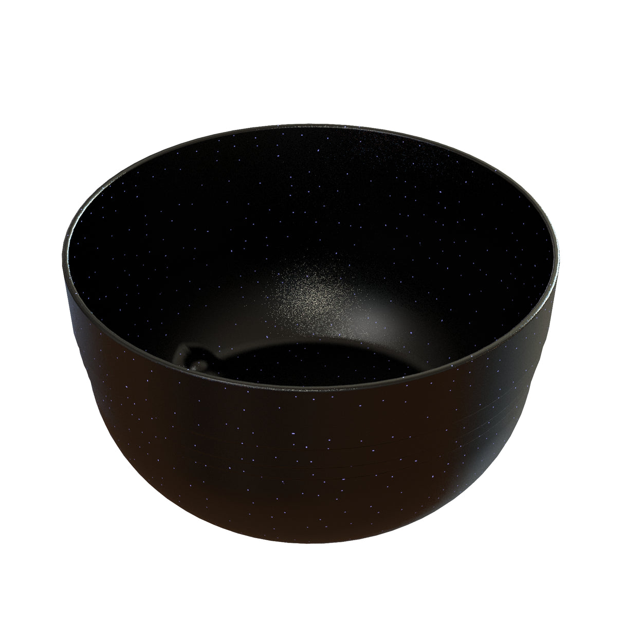A round, deep black fruit bowl with a glossy finish and tiny white speckles scattered across its cast aluminum surface, resembling a starry night sky. The bowl is empty and photographed against a white background.