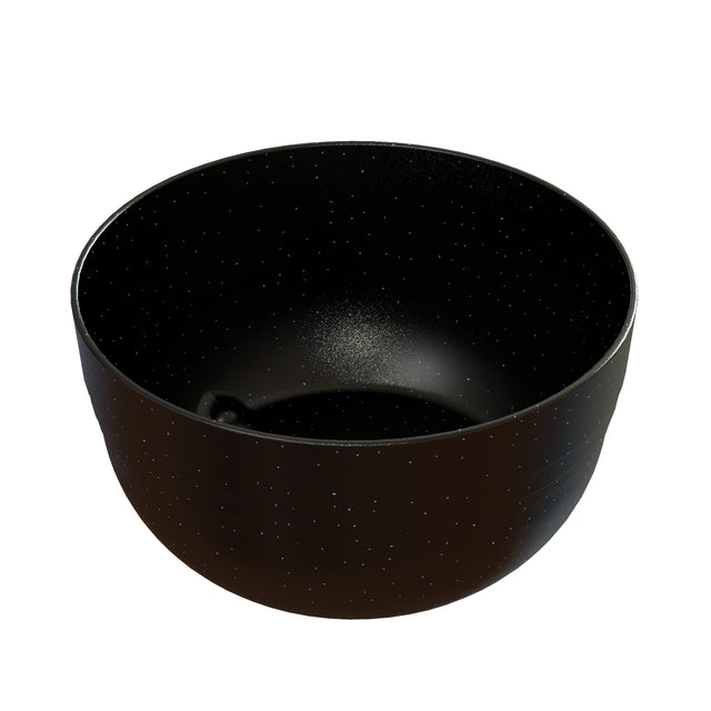 A round, deep black fruit bowl with a glossy finish and tiny white speckles scattered across its cast aluminum surface, resembling a starry night sky. The bowl is empty and photographed against a white background.