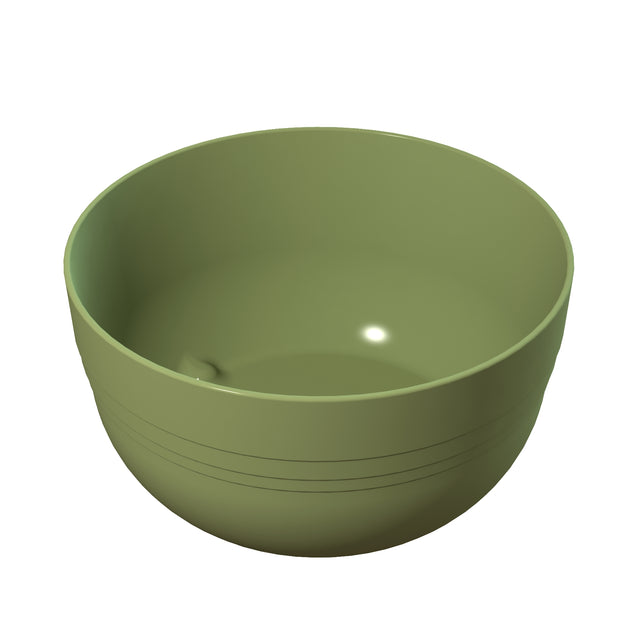 A plain, round, olive-green cast aluminum bowl with a smooth surface and subtle horizontal grooves near the bottom is shown on a white background. The empty fruit bowl is evenly lit, with a slight reflection visible on its inner surface.