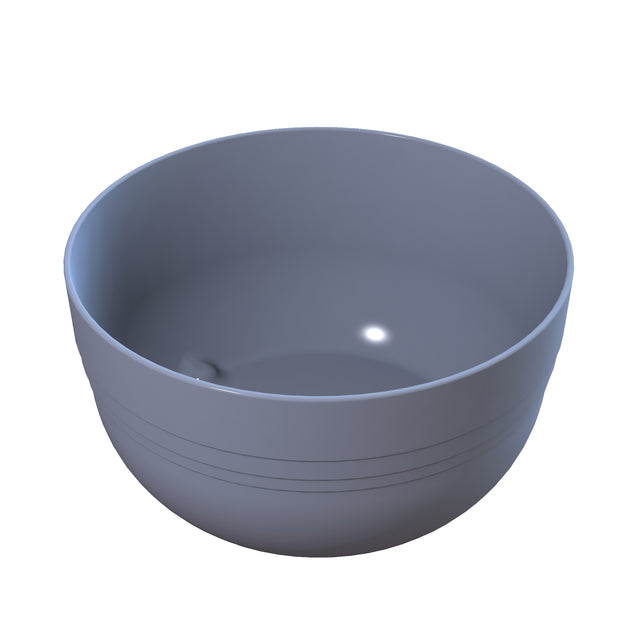 A plain, empty gray cast aluminum bowl with a matte finish and subtle horizontal lines near the rim sits centered on a white background. The bowl, ideal for cold holding or use as a fruit bowl, casts a soft shadow and features a small inner reflection.
