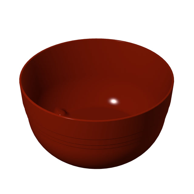A simple, empty, round fruit bowl with a smooth, glossy surface and a deep reddish-brown color sits on a white background. The bowl has faint horizontal lines near the base for subtle texture.