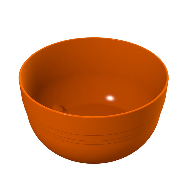 A plain, smooth, round orange fruit bowl with a glossy finish sits empty against a white background. The bowl has shallow, subtle horizontal lines near its top outer edge and a small reflection of light on its inner surface.