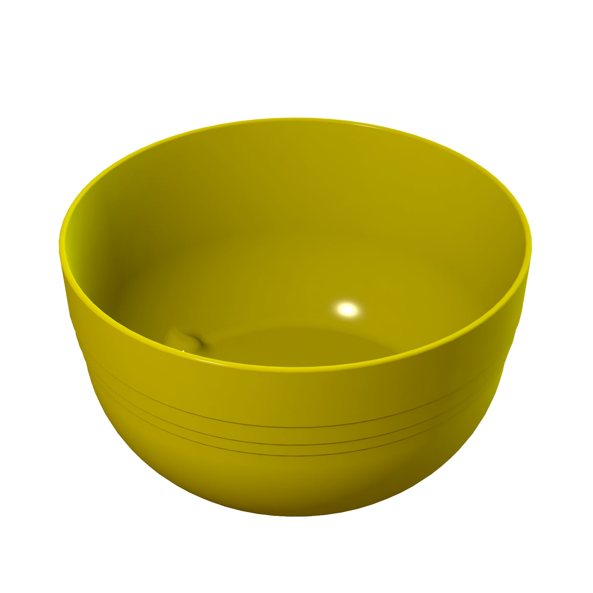 A plain, round yellow fruit bowl with a smooth surface and subtle horizontal lines near the rim, shown on a white background. The cast aluminum bowl appears empty and has a shiny, reflective finish.