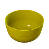 A plain, round yellow fruit bowl with a smooth surface and subtle horizontal lines near the rim, shown on a white background. The cast aluminum bowl appears empty and has a shiny, reflective finish.
