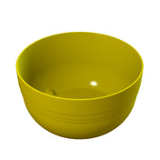 A plain, round yellow fruit bowl with a smooth surface and subtle horizontal lines near the rim, shown on a white background. The cast aluminum bowl appears empty and has a shiny, reflective finish.