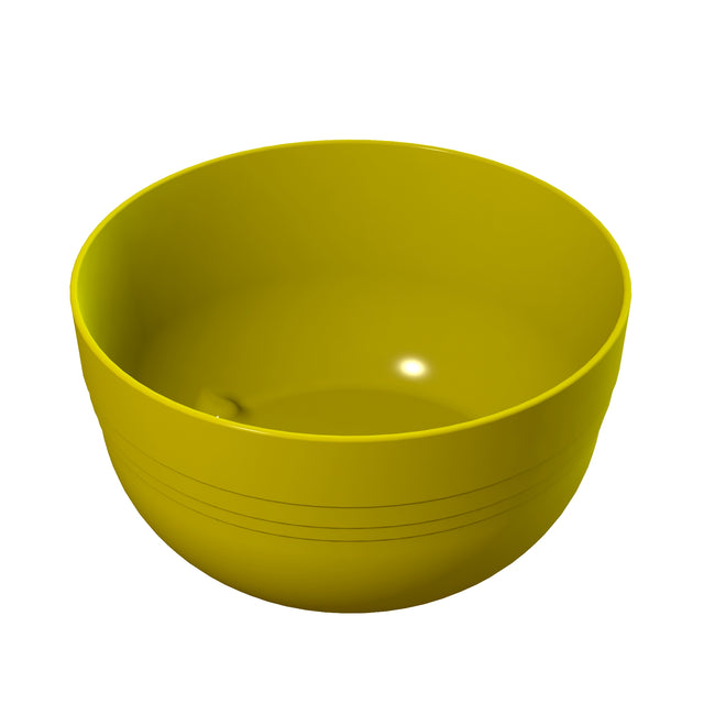 A plain, round yellow fruit bowl with a smooth surface and subtle horizontal lines near the rim, shown on a white background. The cast aluminum bowl appears empty and has a shiny, reflective finish.