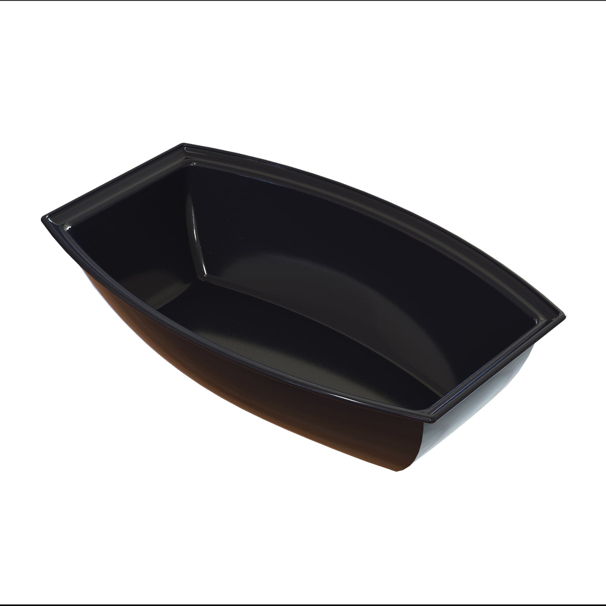 A black, rectangular salad bowl with gently curved sides and a glossy finish, photographed on a white background at a slight angle. The bowl appears empty and is ideal for serving or holding food.
