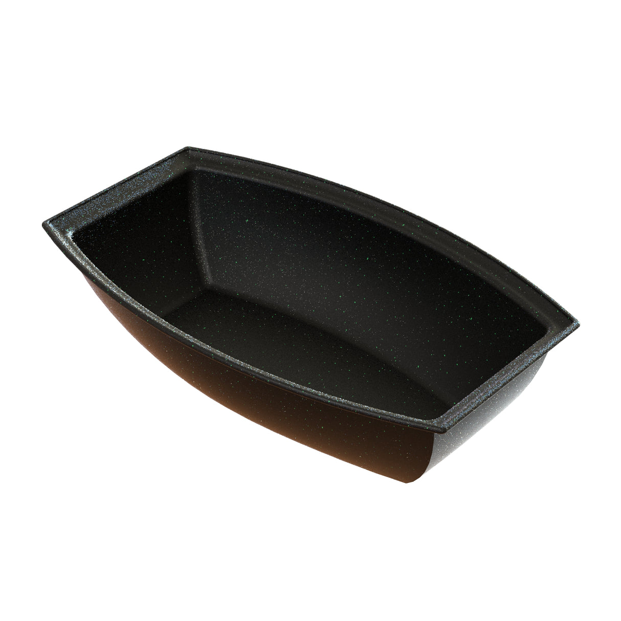 A black, nonstick cast aluminum rectangular loaf pan with high, slightly curved sides and a speckled interior, shown empty and angled to display depth and shape. The pan has a smooth, glossy finish and no visible handles.