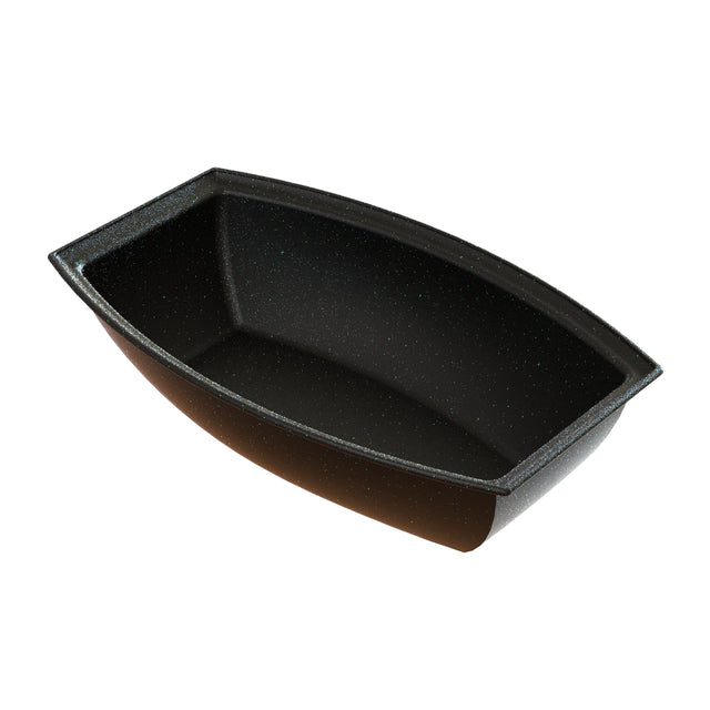 A black, nonstick cast aluminum rectangular loaf pan with high, slightly curved sides and a speckled interior, shown empty and angled to display depth and shape. The pan has a smooth, glossy finish and no visible handles.