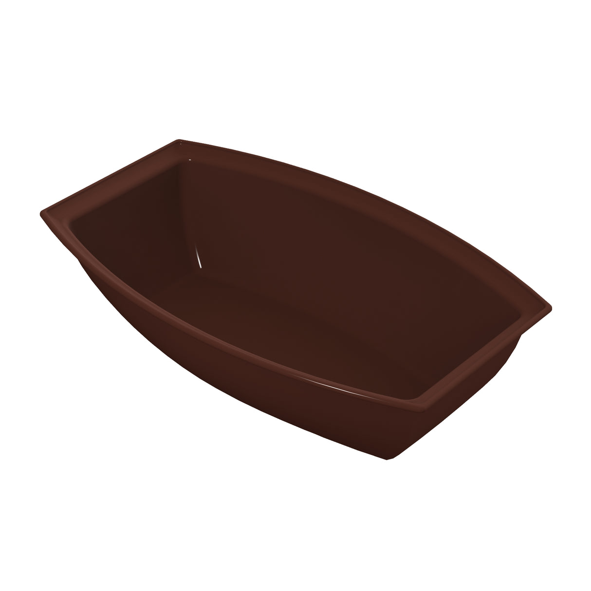 A deep, rectangular, dark brown plastic salad bowl with gently angled sides and rounded corners, photographed on a white background. The bowl’s interior and exterior surfaces are smooth and glossy.