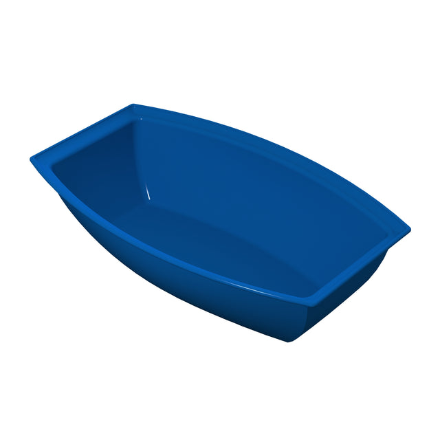 A deep, rectangular, blue plastic container with curved sides and corners, photographed against a plain white background. This sturdy salad bowl is empty and ideal for organizing items or cold holding in various settings.