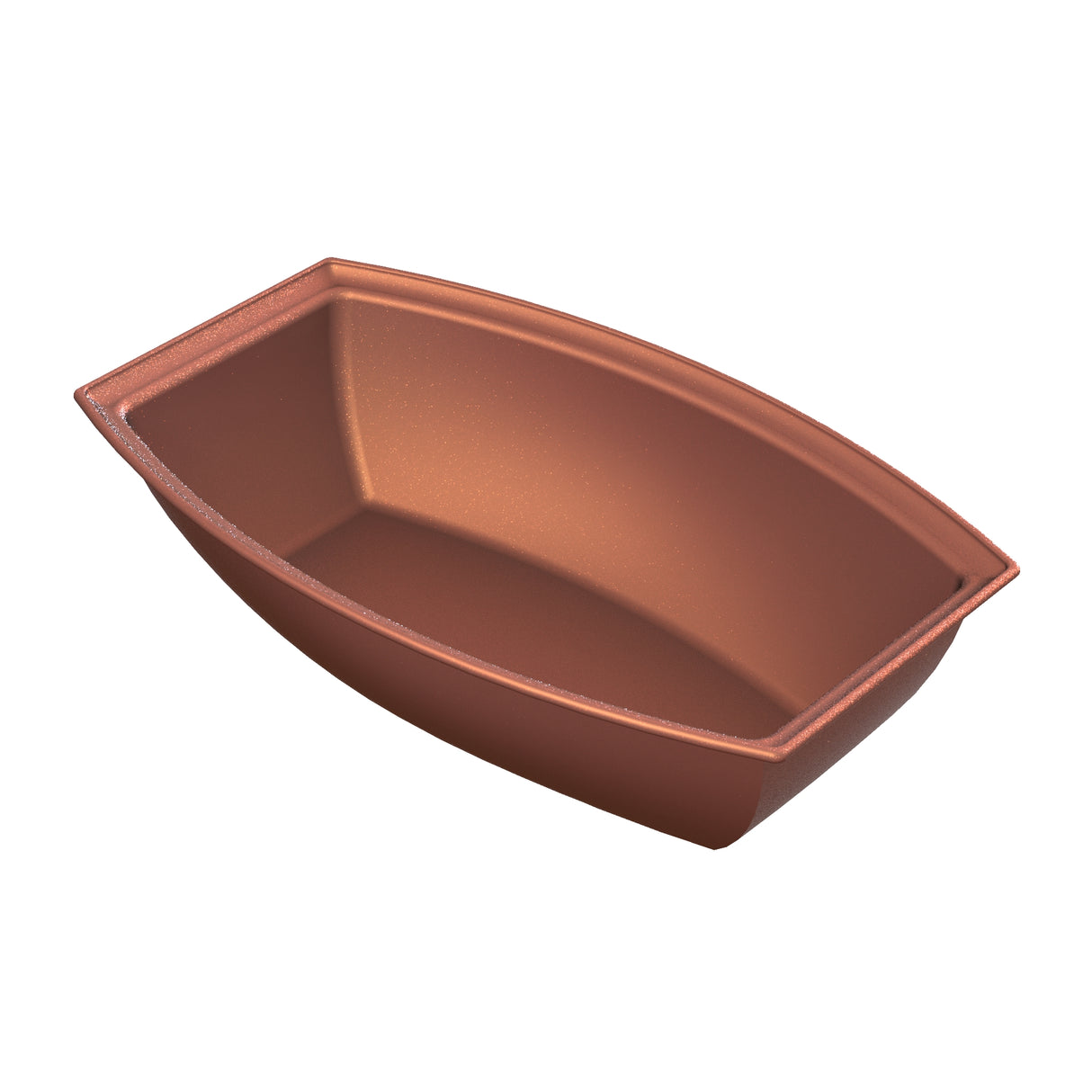 A rectangular, copper finish loaf pan made of cast aluminum, with slightly flared sides and a smooth, nonstick interior. Shown empty on a white background, the pan is angled to display its depth and wide rim.