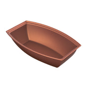 A rectangular, copper finish loaf pan made of cast aluminum, with slightly flared sides and a smooth, nonstick interior. Shown empty on a white background, the pan is angled to display its depth and wide rim.