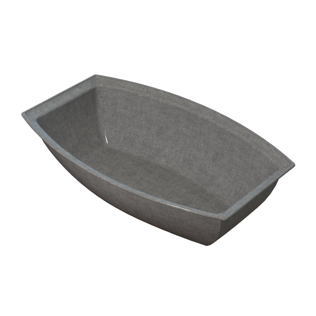 A gray, rectangular plastic food tray with slightly angled sides and rounded corners, photographed on a white background. Ideal for cold holding, the tray is empty and features a smooth, matte surface.