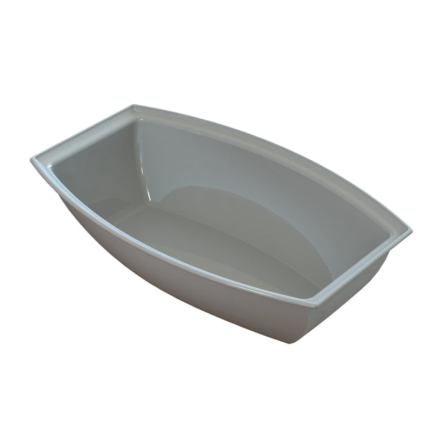 A rectangular, white, deep plastic dish pan with rounded corners and slightly flared sides, photographed on a plain white background. Ideal for cold holding, its smooth and shiny interior shows subtle shadowing that highlights its depth.