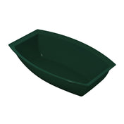 A dark green, boat-shaped salad bowl with curved sides and rounded corners, viewed from an angle against a white background. The empty container features smooth, glossy surfaces ideal for cold holding.