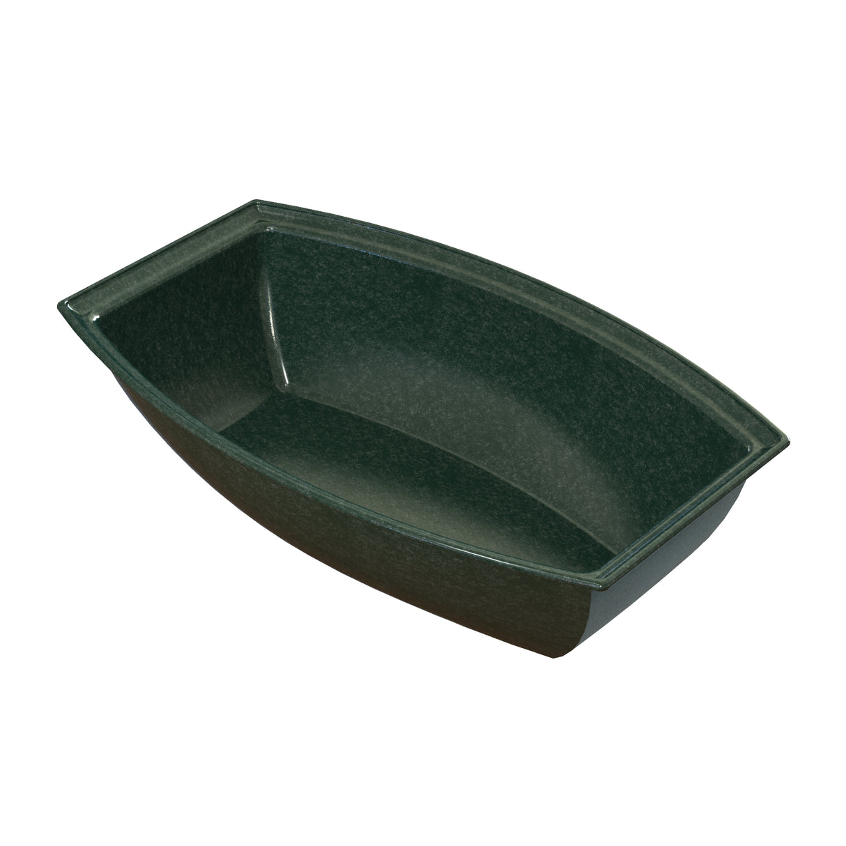 A dark green, rectangular, boat-shaped plastic salad bowl with curved sides and corners. The empty tray has a smooth, glossy surface and is ideal for cold holding. It is photographed on a white background with slight shadows underneath.
