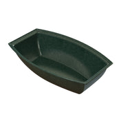 A dark green, rectangular, boat-shaped plastic salad bowl with curved sides and corners. The empty tray has a smooth, glossy surface and is ideal for cold holding. It is photographed on a white background with slight shadows underneath.