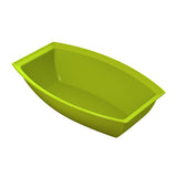 A bright green, rectangular salad bowl with slightly curved, angled sides and a smooth, glossy finish, shown on a white background. The bowl is empty and its deep interior is clearly visible from an overhead angle.