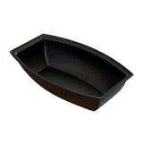 A black, rectangular, boat-shaped salad bowl with high sides and small white speckles. Made from cast aluminum with a glossy finish, this tray is ideal for cold holding and sits empty against a white background.