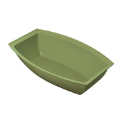 A green, rectangular salad bowl with curved sides and slightly flared edges sits on a white background. Made from cast aluminum, the bowl has smooth, glossy surfaces and a modern, minimalist design ideal for cold holding.