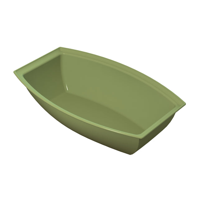 A green, rectangular salad bowl with curved sides and slightly flared edges sits on a white background. Made from cast aluminum, the bowl has smooth, glossy surfaces and a modern, minimalist design ideal for cold holding.