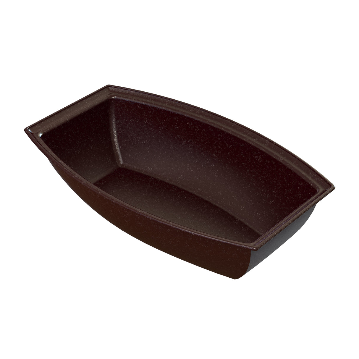 A dark brown, rectangular cast aluminum baking loaf pan with slightly curved sides and a wide rim, shown empty on a white background. The surface appears smooth with a subtle speckled pattern.