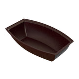A dark brown, rectangular cast aluminum baking loaf pan with slightly curved sides and a wide rim, shown empty on a white background. The surface appears smooth with a subtle speckled pattern.