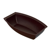 A dark brown, rectangular cast aluminum baking loaf pan with slightly curved sides and a wide rim, shown empty on a white background. The surface appears smooth with a subtle speckled pattern.