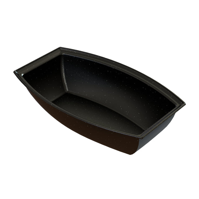 A black, rectangular, disposable food tray with rounded corners and slightly angled sides. The interior is speckled with tiny white dots, giving it a granite-like look—perfect for cold holding salads or as a modern alternative to a salad bowl.