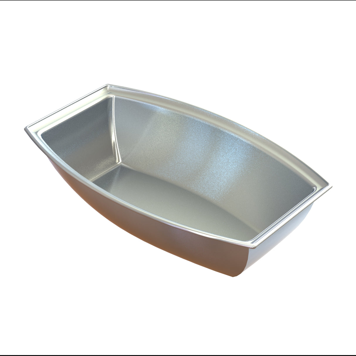 A silver, rectangular, boat-shaped cast aluminum food tray is shown against a white background. The tray has slightly curved sides, a flat base, and raised edges, ideal for serving or cold holding food. Its interior surface appears smooth and reflective.