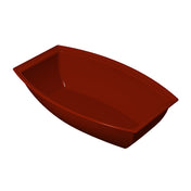 A deep, rectangular, dark red plastic tray with angled sides and rounded corners, resembling a small boat. Ideal for cold holding applications, the empty tray is set against a plain white background.