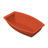 A red, rectangular, plastic food tray with slightly curved sides and raised edges. Ideal for cold holding, the tray is empty and shown on a white background, angled to display both the interior and exterior surfaces.