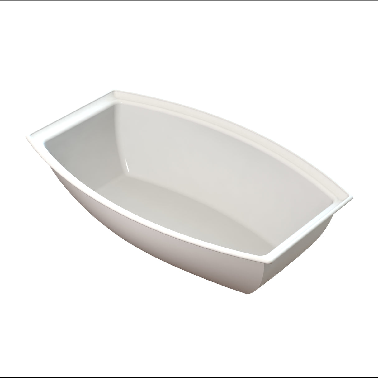 A deep, modern, rectangular white bathtub with slightly curved sides and a smooth, glossy finish—reminiscent of a sleek salad bowl—is shown from a high angle. Clean lines and gently sloped edges give it a contemporary look.