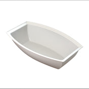 A deep, modern, rectangular white bathtub with slightly curved sides and a smooth, glossy finish—reminiscent of a sleek salad bowl—is shown from a high angle. Clean lines and gently sloped edges give it a contemporary look.